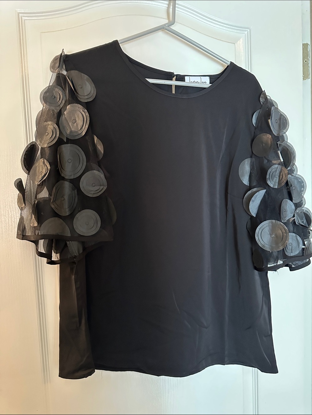 Women's Black Blouse with Sheer Circle-Appliqué Sleeves